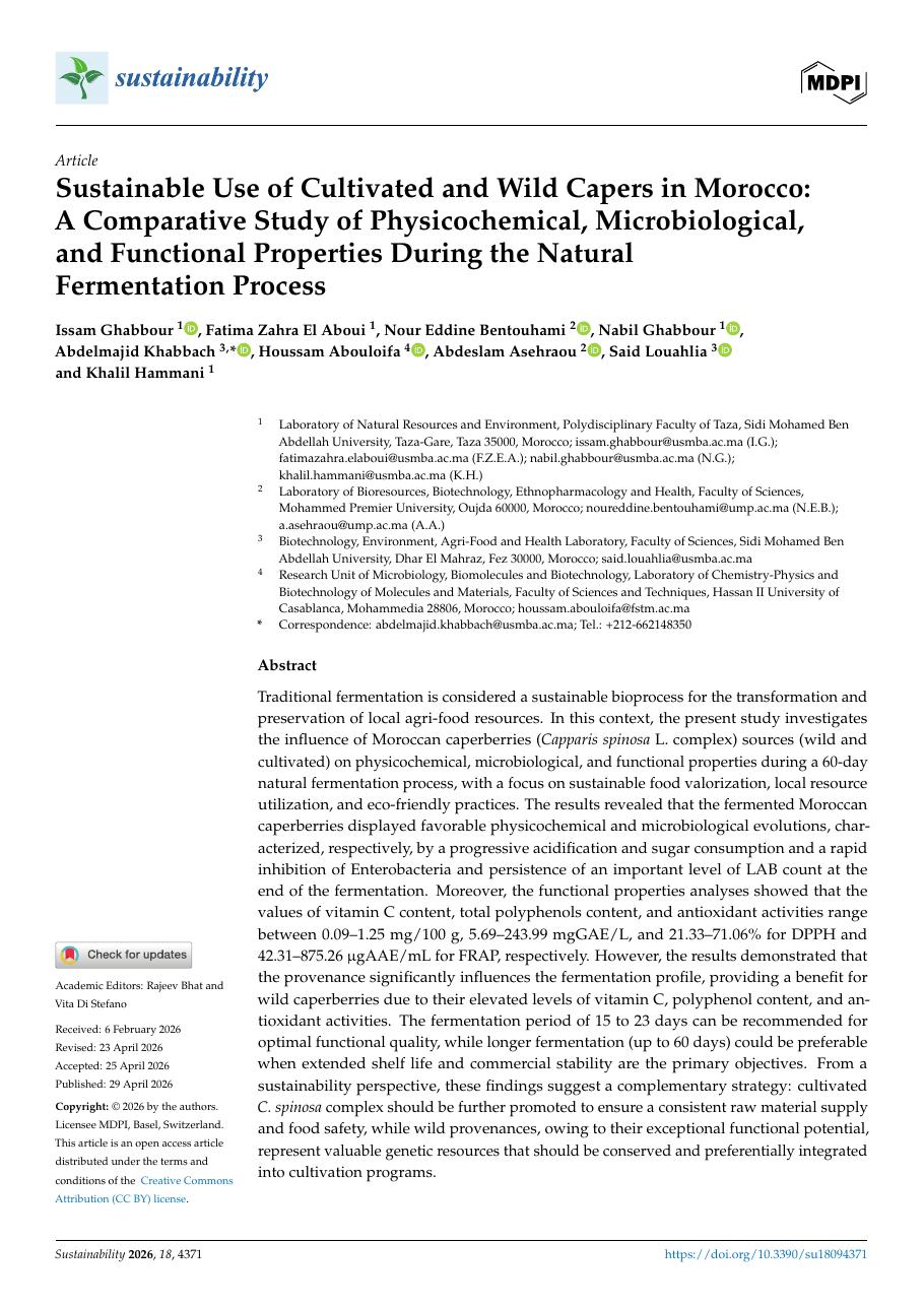 Première page : Sustainable Use of Cultivated and Wild Capers in Morocco: A Comparative Study of Physicochemical, Microbiological, and Functional Properties During the Natural Fermentation Process