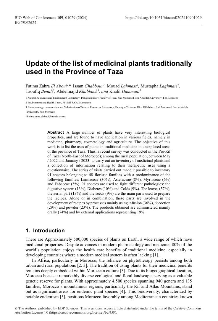 Première page : Update of the list of medicinal plants traditionally used in the Province of Taza