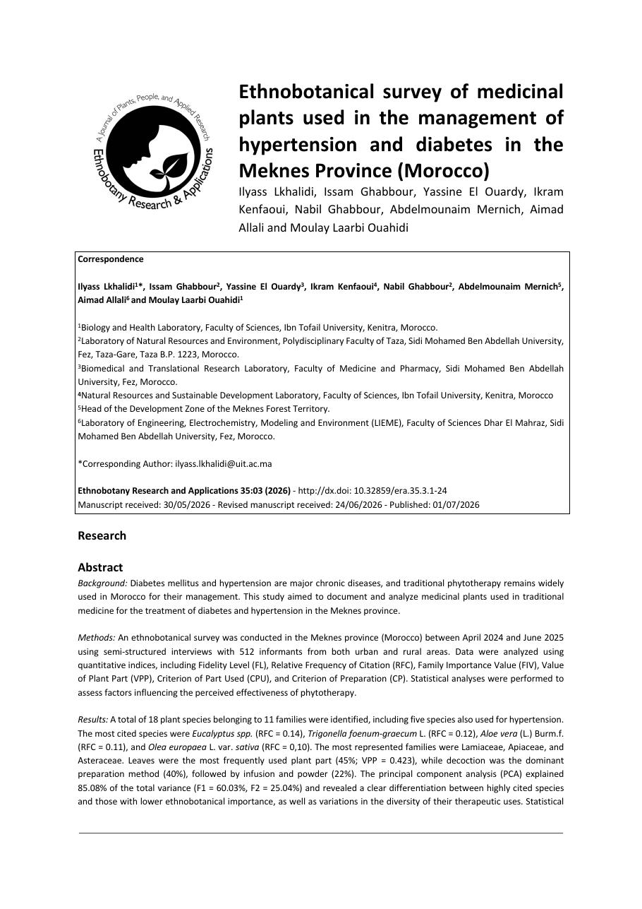 Première page : Ethnobotanical survey of medicinal plants used in the management of hypertension and diabetes in the Meknes Province (Morocco)