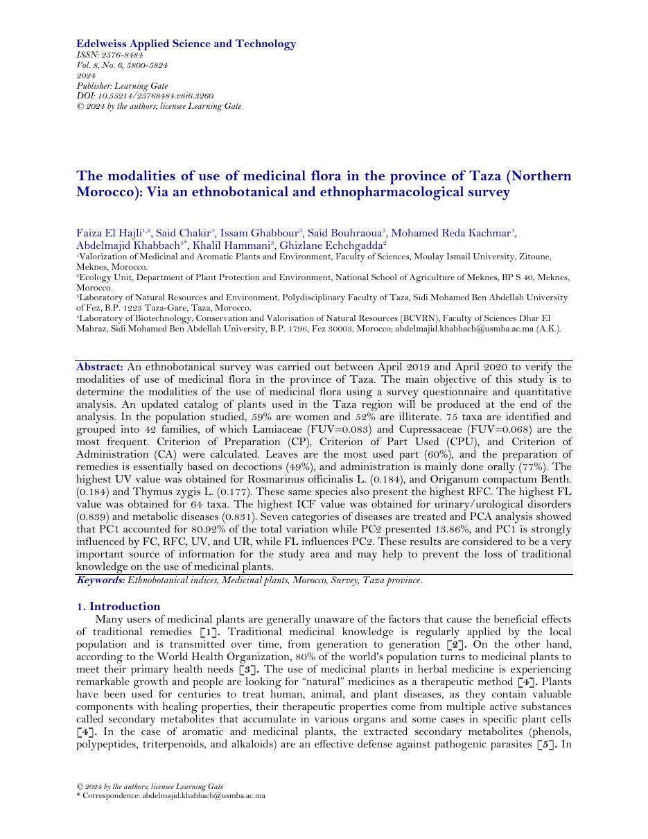 Première page : The modalities of use of medicinal flora in the province of Taza (Northern Morocco)